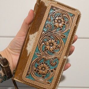 Myra Bag Floral Leather/Cowhide Wallet with Turquoise Accents